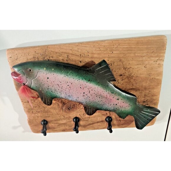 Rustic Carved Wooden Rainbow Trout Decorative Wall Plaque 3 Iron Hooks 11x15" - Picture 1 of 16